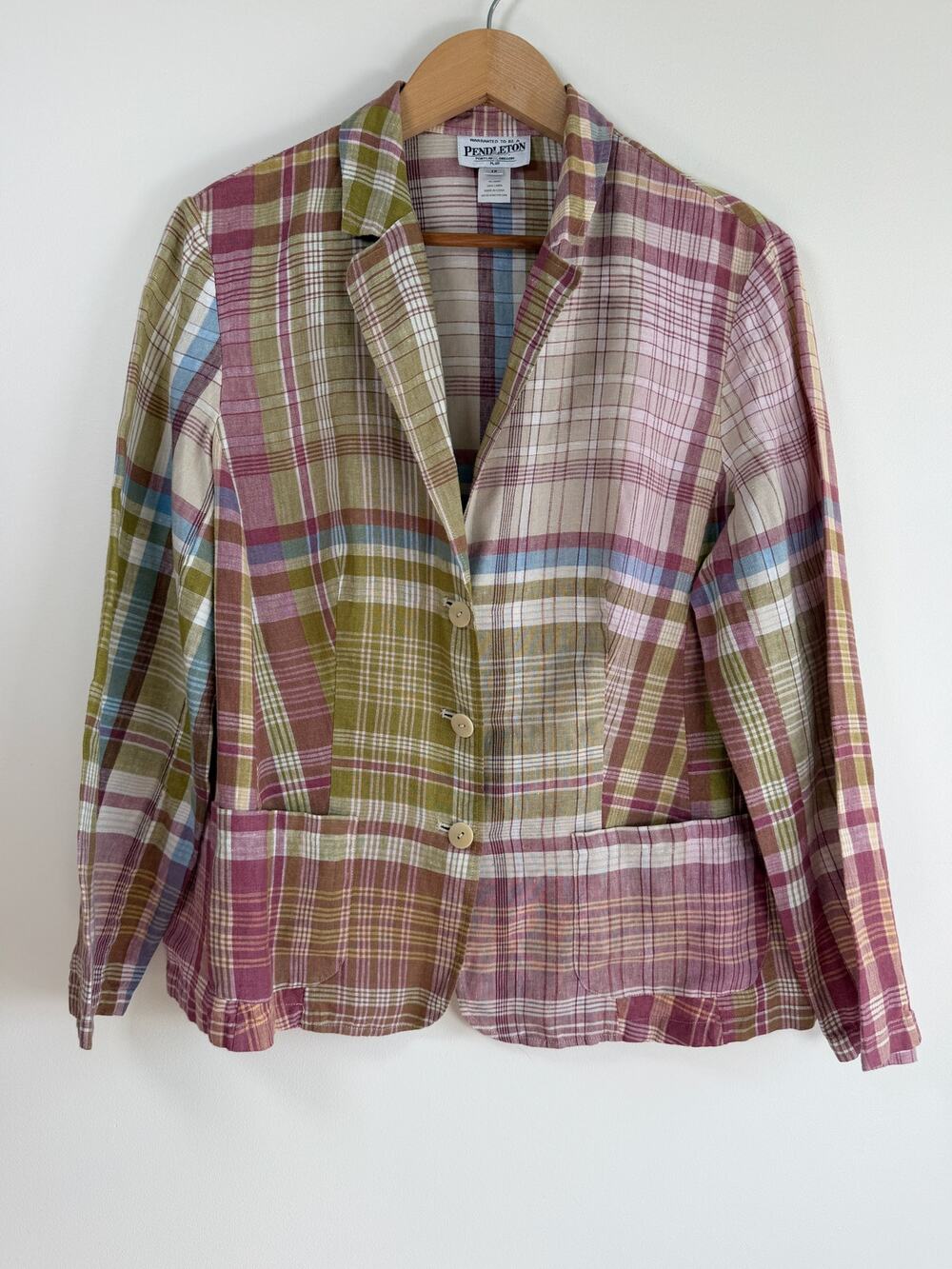 Pendleton Plus Linen Blazer Plaid Pink Green Multicolor Women's 1X Cottagecore